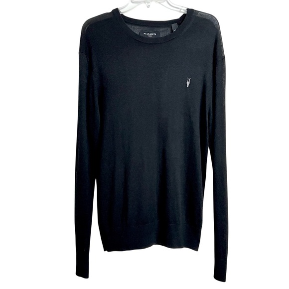 Allsaints Mode Merino Wool Crew Neck Ramskull Sweater Mens L Black Lightweight - Picture 1 of 9
